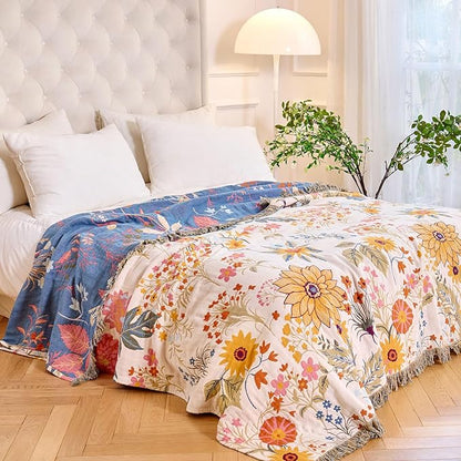 MSGKV Boho Throw Blanket for Bed 60"x80" Cotton Floral Twin Size Blanket Lightweight Farmhouse Muslin Spring Breathable Couch Blankets Home Decor All Seasons