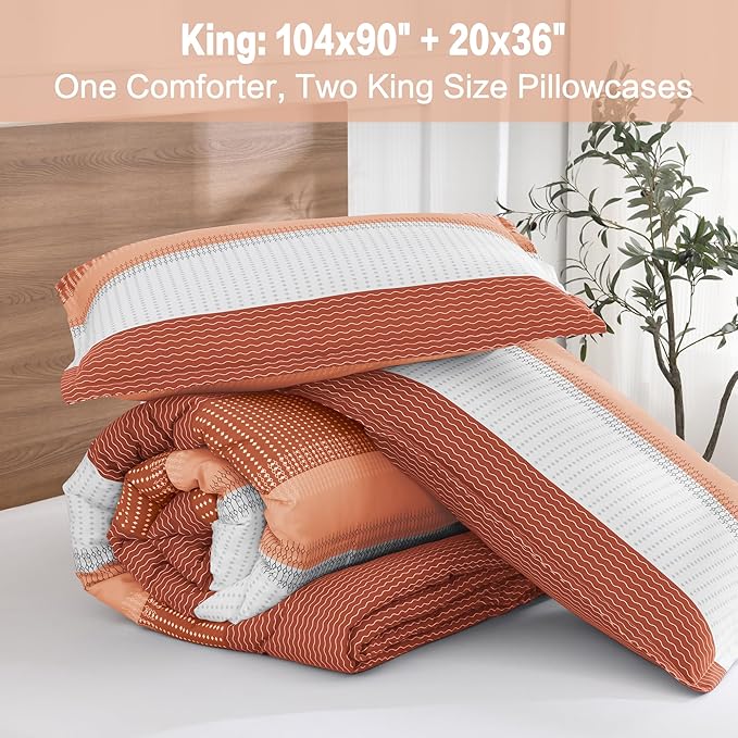 Litanika Burnt Orange King Bed Comforter Set, 3 Pieces Boho Terracotta Stripe Colorblock Bedding Comforter Set, Rust Fluffy Bed Set (104x90In Comforter & 2 Pillowcases)