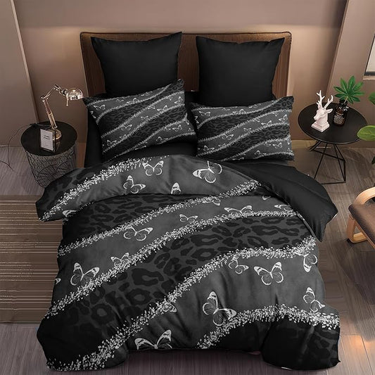 Black Leopard Print Comforter Set Full Size,Grey Butterfly Bedding Set with 2 Pillowcases for Adult Women - 3 Pieces Soft Fluffy Breathable Microfiber/Great Bedroom Decor,(79 * 90)