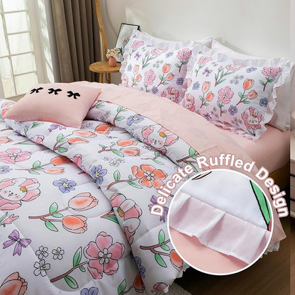 A Nice Night 6 Piece Comforter Set Bed in a Bag with Comforter & Sheet Set,Chic Cute Rabbits Bow Printed Bedding Sets,Princess Ruffle Bedding for Kids Girls,Queen