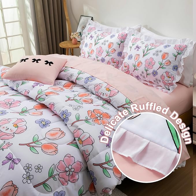 A Nice Night 6 Piece Comforter Set Twin Bed in a Bag with Comforter & Sheet Set,Chic Cute Rabbits Bow Printed Bedding Sets,Princess Ruffle Bedding for Kids Girls