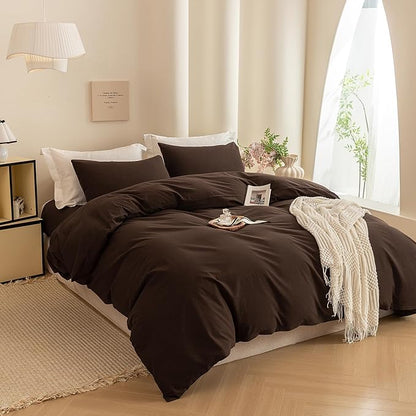ECOCOTT Duvet Cover King Size -100% Washed Cotton Linen Like Textured Breathable Durable Soft Comfy Bedding Set with Zipper Closure & Corner Ties (Cocoa Brown, 104"x90")