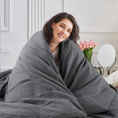 NEXHOME PRO Duvet Cover Full 100% Washed Cotton, Organic Natural Linen Like Textured Breathable Durable Bedding Set Heather Black 8090