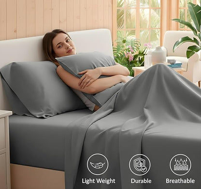 RUVANTI 100% Cotton Sheets – Queen Size Percale Bedding, Cooling & Breathable, Durable with a Crisp, Soft & Comfortable Feel, 16" Deep Pocket, 4-Piece Set, Mist Grey