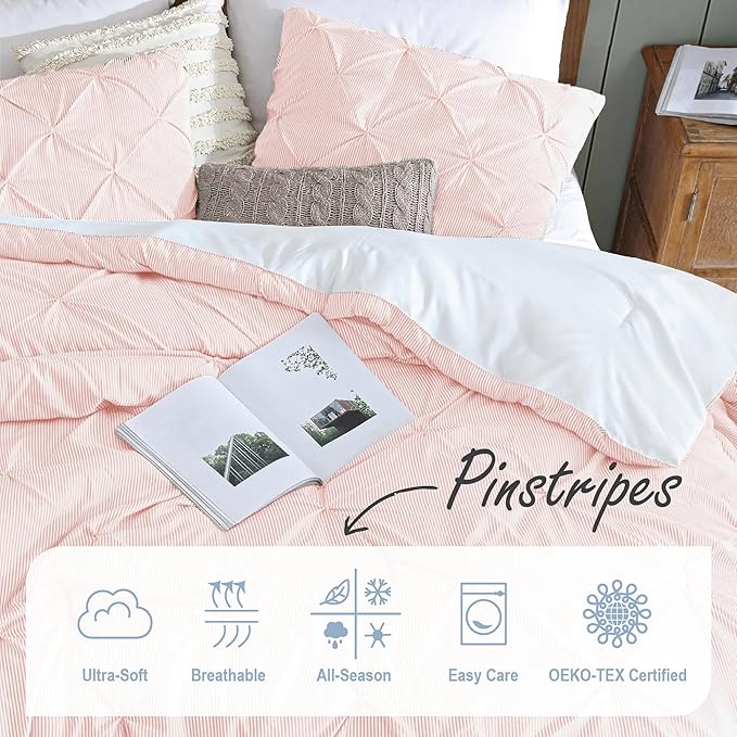 Swift Home Full/Queen Pinstripe Peach Pink Comforter Set - Classic Pintuck Bedding Set - 3 Pieces Bed Linen, 1 Comforter and 2 Pillow Shams