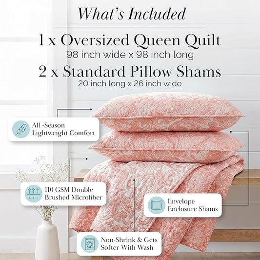 Southshore Fine Living, Inc. Paisley Quilt Queen Size Bedding Set, Summer Coverlet, Boho Bedspread, 3-Piece Farmhouse Bedding with Two Matching Pillow Shams, Full/Queen Bed Set, Reversible Coral