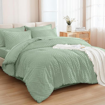 Andency Oversized King Size Comforter Set 7 Pieces Sage Green - Bed in a Bag Oversized King Boho Lightweight Fluffy Tufted Bedding Sets with Comforter, Sheets, Pillowcases & Shams