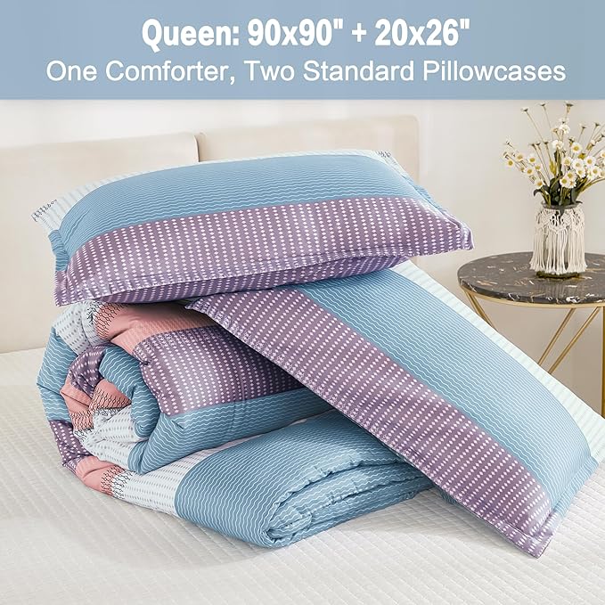 Litanika Queen Comforter Set SeaSault - 3 Pieces Lightweight Fluffy Bedding Comforter Sets, All Season Down Alternative Comforter (1 Comforter, 2 Pillowcases)