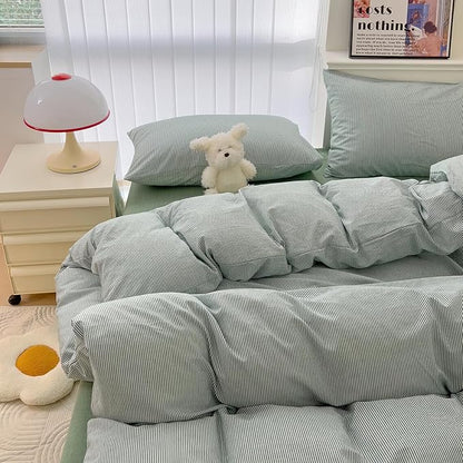 mixinni Green Striped Duvet Cover Twin Size - 100% Washed Cotton Pinstripe Comforter Cover with Zipper Closure, Lightweight & Breathable, 3 Pieces Minimalist Stripes Pattern Printed Bedding Set