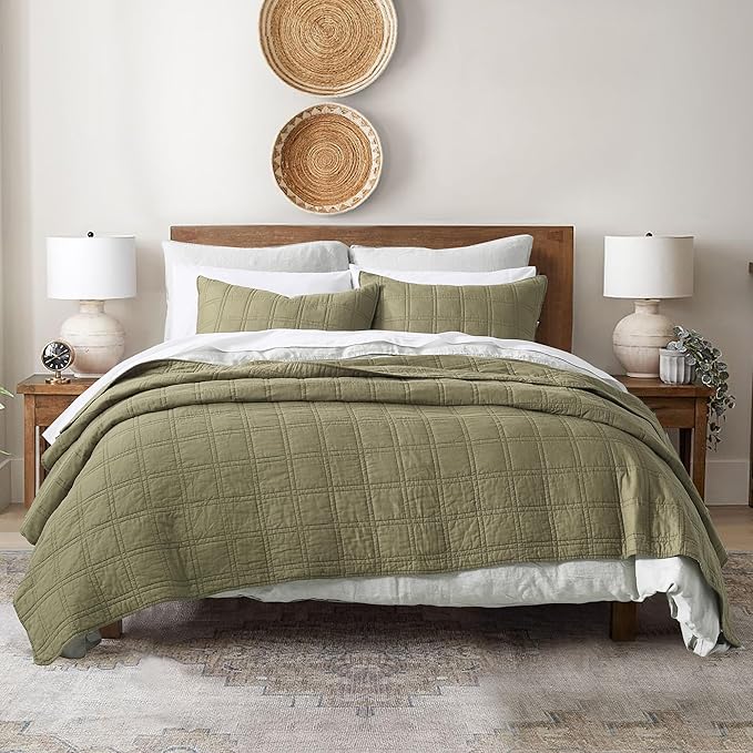 HORIMOTE HOME 100% Cotton Quilt King Size Olive Green Bedspread, Pre-Washed 3-Piece Cozy Lightweight Stitching Bedding Cover Coverlet Set with 2 Shams in Geometric Pattern for All Season