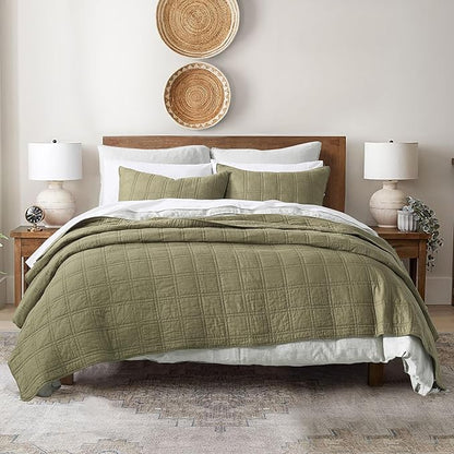 HORIMOTE HOME 100% Cotton Quilt Queen Size Olive Green Bedspread, Pre-Washed 3-Piece Cozy Lightweight Stitching Bedding Cover Coverlet Set with 2 Shams in Geometric Pattern for All Season