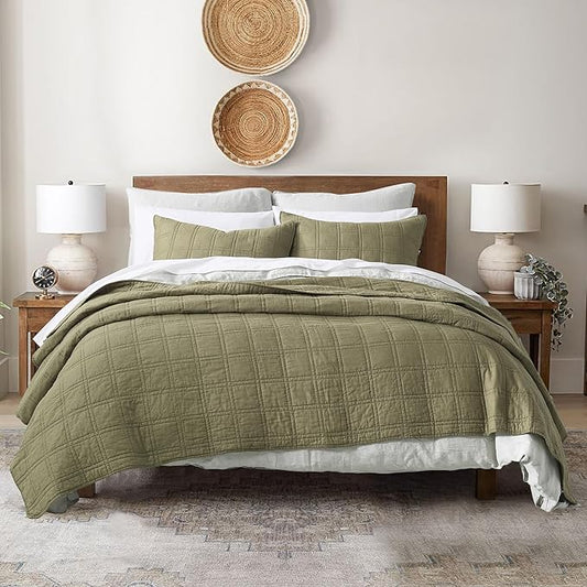 HORIMOTE HOME 100% Cotton Quilt Queen Size Olive Green Bedspread, Pre-Washed 3-Piece Cozy Lightweight Stitching Bedding Cover Coverlet Set with 2 Shams in Geometric Pattern for All Season