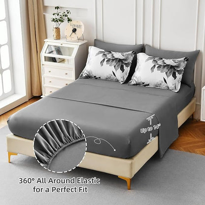 Dobuyly Grey Full Size Comforter Set 7 Piece Bed in a Bag, Gray Floral Printed on White Comforter Set with Sheets, Soft Microfiber Botanical Farmhouse Bedding Set for All Season