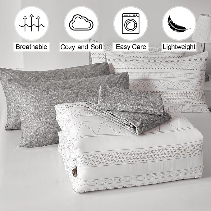WONGS BEDDING Boho Geometric Comforter Set Full Size,7 Pieces White Grey Stripe Bed in a Bag Comforter for All Season Bohemian Complete Bed Set with Pillowcases & Shams,Sheets Soft Microfiber