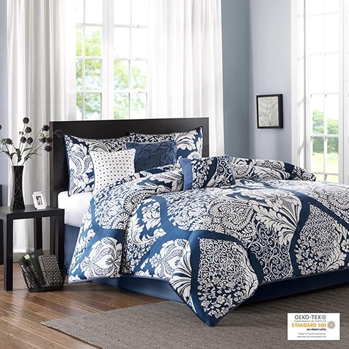 Madison Park Vienna Sateen Cotton Comforter Set, Breathable, Soft Cover, Trendy, All Season Down Alternative Cozy Bedding with Matching Shams, California King, Indigo 7 Piece