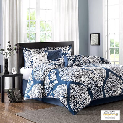 Madison Park Vienna Sateen Cotton Comforter Set, Breathable, Soft Cover, Trendy, All Season Down Alternative Cozy Bedding with Matching Shams, Queen, Indigo 7 Piece