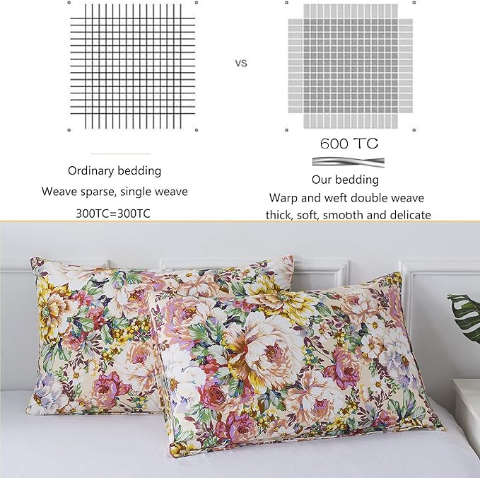 FADFAY Garden Floral Bedding Set Queen 100% Cotton 600 TC Shabby Vintage Duvet Cover Salmon Pink Large Flower Cottagecore Bedding Romantic Peony Zipper Corner Ties 3 Pcs- No Filling