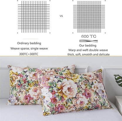 FADFAY Garden Floral Bedding Set Queen 100% Cotton 600 TC Shabby Vintage Duvet Cover Salmon Pink Large Flower Cottagecore Bedding Romantic Peony Zipper Corner Ties 3 Pcs- No Filling