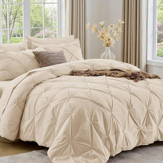 Sasttie King Size Comforter Set, 7-Piece Bed in a Bag, Pintuck Bedding Set for All Season, Includes Comforter, Flat Sheet, Fitted Sheet, Pillowcases and Pillowshams, Warm Beige