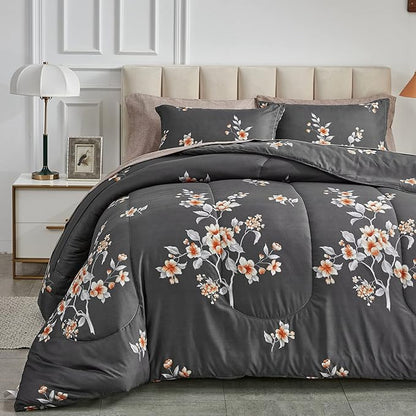 7 Pieces Bed in a Bag Queen Comforter Set with Sheets, Dark Grey Floral Design, Soft Microfiber Bedding Sets for All Season (1 Comforter, 2 Pillow Shams, 1 Flat Sheet, 1 Fitted Sheet, 2 Pillowcases)