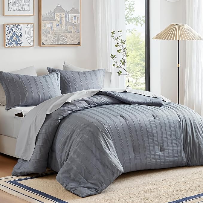 Madison Park Essentials Striped Comforter Set Full, 7 Pieces Modern Minimalist Jacquard Bedding Set for All Season, Bed in A Bag with Sheet Set and Soft Brushed Reverse, Lightweight Blue/Grey