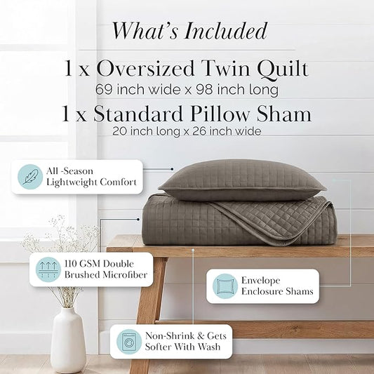 Southshore Fine Living, Inc. Quilt Comforter Twin XL Bedding Set for College Dorm Room, Bedding Essentials, Stain Resistant, Machine Washable Bed Spread, XL/Twin Comforter Set with Sham, Dark Taupe