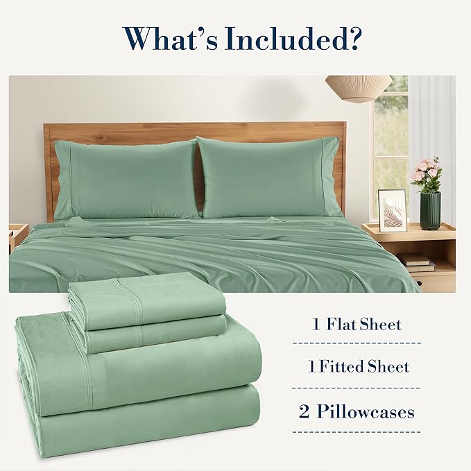 Casa Platino Twin Bed Sheets – 100% Cotton Sheets with 2 Pillowcases, Crisp Percale Weave & Cozy Feel, Cooling & Breathable Twin Sheet Set with 15" Deep Pocket, Excellent Quality & Fit – Sage Green