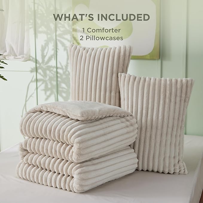 Bedsure Full Size Comforter Sets - GentleSoft™ 3 Pieces Double-Side Fleece Fluffy Linen Comforter Set, Cozy Striped Room Decor Aesthetic, Luxury Full Size Bedding, 2 Pillowcases, 82x86 Inches