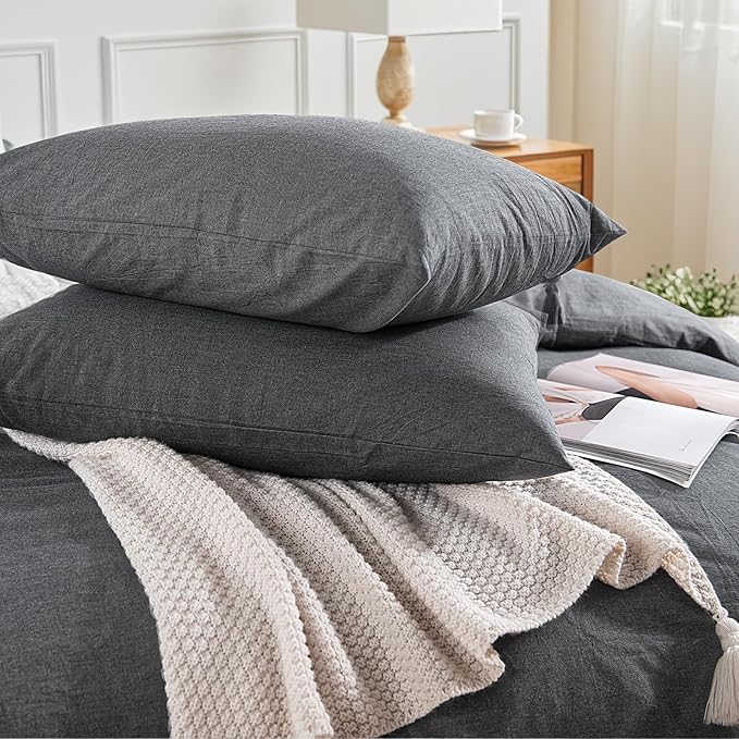 NEXHOME PRO Duvet Cover Twin 100% Washed Cotton, Organic Natural Linen Like Textured Breathable Durable Bedding Set Heather Black 6890