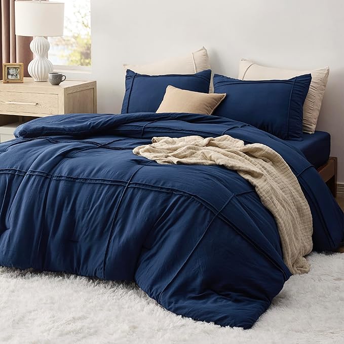 Bedsure Full Comforter Set with Sheet - 4 Pieces Soft Navy Blue Bedding, Grid Pinch Pleat, All Season Lightweight Fluffy Bed Set with Solid Boho Comforter, Pillowcases & Sheet