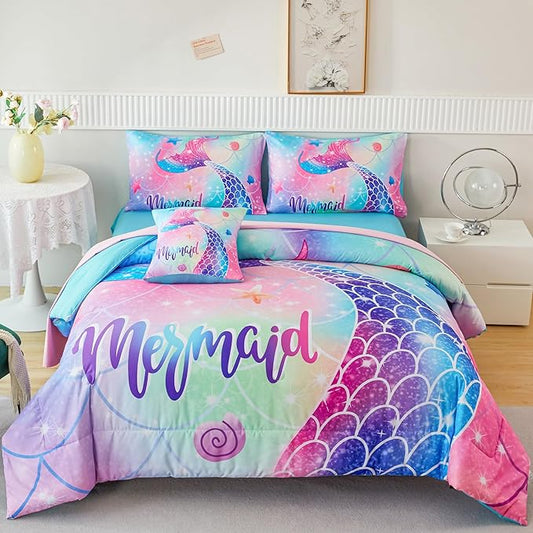RYNGHIPY Mermaid Twin Girls Bedding Set, Colorful Rainbow Kids Girls Comforter Set with Sheets Soft and Lightweight, 6 Pieces Teen Girls Bed in a Bag