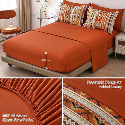 Dinjoy California King Comforter Set Size, Burnt Orange Striped Cali King Bed Set Fall Bedding Sets Terracotta 7 Pieces Boho Bed in a Bag Comforters with Sheets Aztec for Women