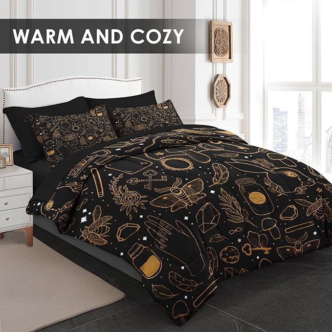 Comforter Set Twin Size, Vintage Witch Dream 5 Pcs Bedding for Kids and Adults, Boho Mystic Occult Bed Sheet Sets with Fitted Sheet Pillowcase & Sham for Bedroom Bed Decor