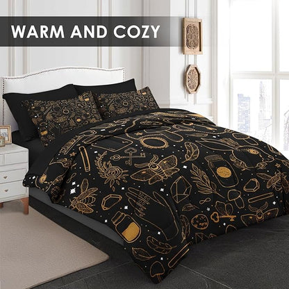 Comforter Set Queen Size, Vintage Witch Dream 7 Pcs Bedding for Kids and Adults, Boho Mystic Occult Bed Sheet Sets with Fitted Sheet 2 Pillowcases & 2 Shams for Bedroom Bed Decor