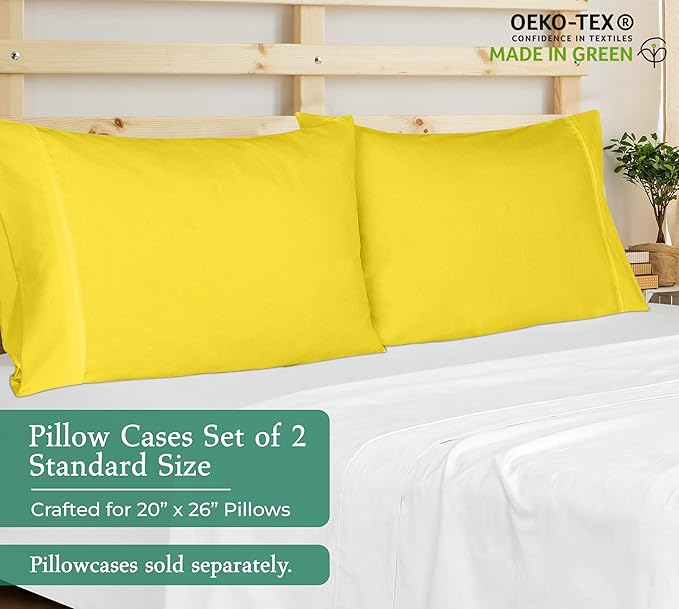 Royale Linens Standard Pillowcase Set of 2 - Bed Pillow Cover - 20"x26" - Pillowcases - 1800 Brushed Microfiber, Wrinkle & Fade Resistant - Soft & Cozy- Standard Size Pillow Case (STD, Yellow)