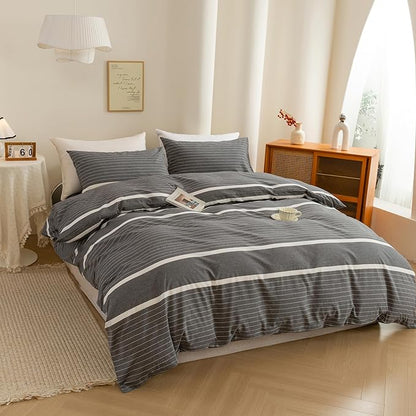 ECOCOTT 3 Pieces Duvet Cover Queen Size, 100% Washed Cotton 1 Duvet Cover with Zipper and 2 Pillowcases, Ultra Soft and Easy Care Breathable Cozy Simple Style Bedding Set(Grey Striped)