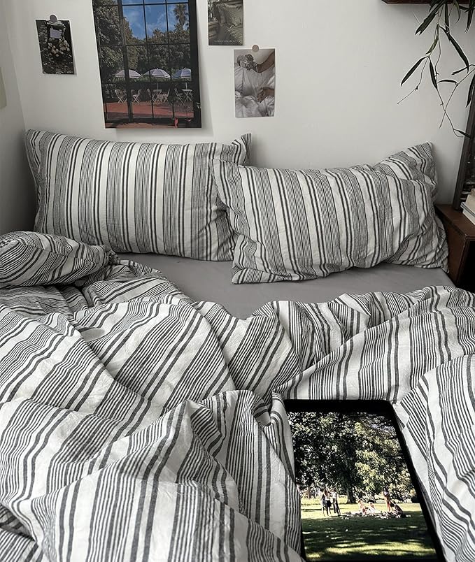 VM VOUGEMARKET Striped Duvet Cover Set Queen 100% Washed Cotton Bedding Set 3 Piece Pinstriped Comforter/Quilt Cover with Zipper Closure Corner Ties,Modern Cozy for Boys Men(White&Grey)