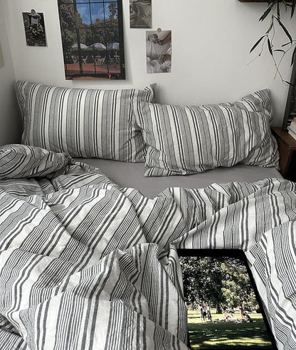 VM VOUGEMARKET Striped Duvet Cover Set Queen 100% Washed Cotton Bedding Set 3 Piece Pinstriped Comforter/Quilt Cover with Zipper Closure Corner Ties,Modern Cozy for Boys Men(White&Grey)