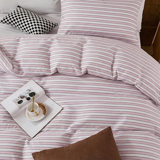 Bedbay Cotton Striped Duvet Cover Set King Size, Soft Blush Pink Stripe Bedding Set, 100% Cotton Sateen, Minimal Casual Hotel Style Duvet Cover 3 Piece for All Seasons