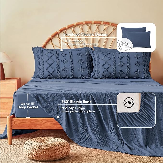 MR&HM California King Comforter Set Navy Blue, 7 Pieces Tufted Boho Beddding Sets, Farmhouse Bed in a Bag with 1 Comforter, 2 Pillow Shams, 2 Pillowcases, 1 Flat Sheet, 1 Fitted Sheet