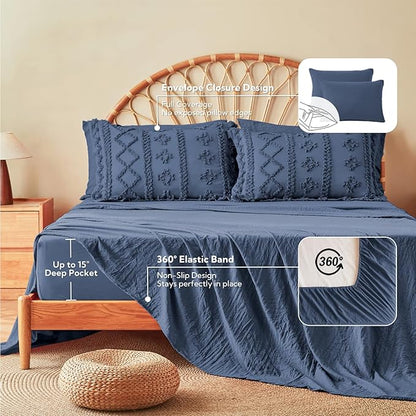 MR&HM California King Comforter Set Navy Blue, 7 Pieces Tufted Boho Beddding Sets, Farmhouse Bed in a Bag with 1 Comforter, 2 Pillow Shams, 2 Pillowcases, 1 Flat Sheet, 1 Fitted Sheet