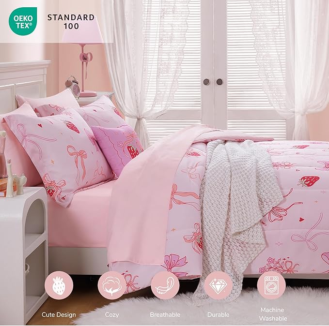 Twin Comforter Set for Girls-3 Pieces Pink Bow Twin Bedding Sets for Kids,1 Comforter,1 Sham and 1 Decor Pillow