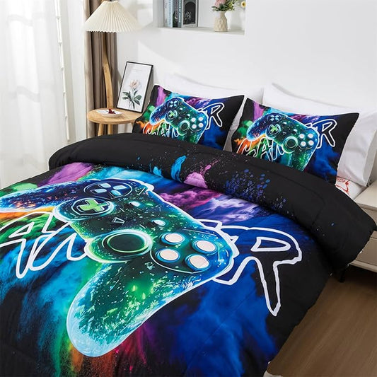 Aimuan Gamer Gaming Bedding Sets 3D Gamepad Comforter Sets for Boys Games Console Action Buttons Novelty Colorful Game Controller Modern Room Decor Home Quilt Set (Black-Green, Twin)