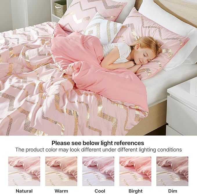 Codi Twin Comforter Set for Teen Girls, 3-Piece Pink and Gold Bedding, Warm and Lightweight for Dorm or Bedroom