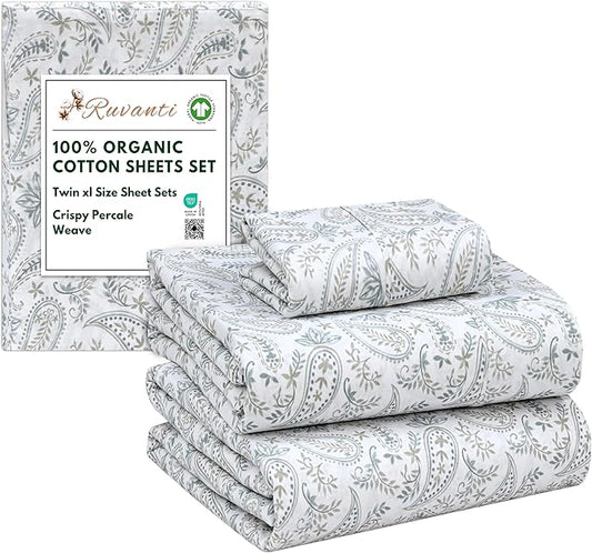 RUVANTI 100% Organic Cotton Sheets Twin XL, Percale Weave, GOTS Certified, 3-Piece Set, Deep Pocket 15", Crisp & Breathable, Soft Durable Bedding, Sábanas Algodón Orgánico – Ornate Oasis