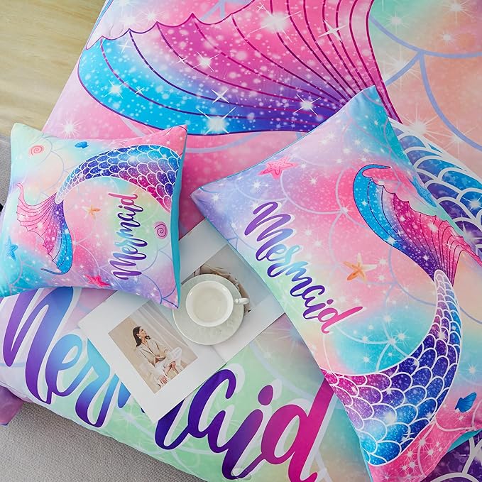 RYNGHIPY Mermaid Full Girls Bedding Set, Colorful Rainbow Kids Girls Comforter Set with Sheets Soft and Lightweight, 6 Pieces Teen Girls Bed in a Bag