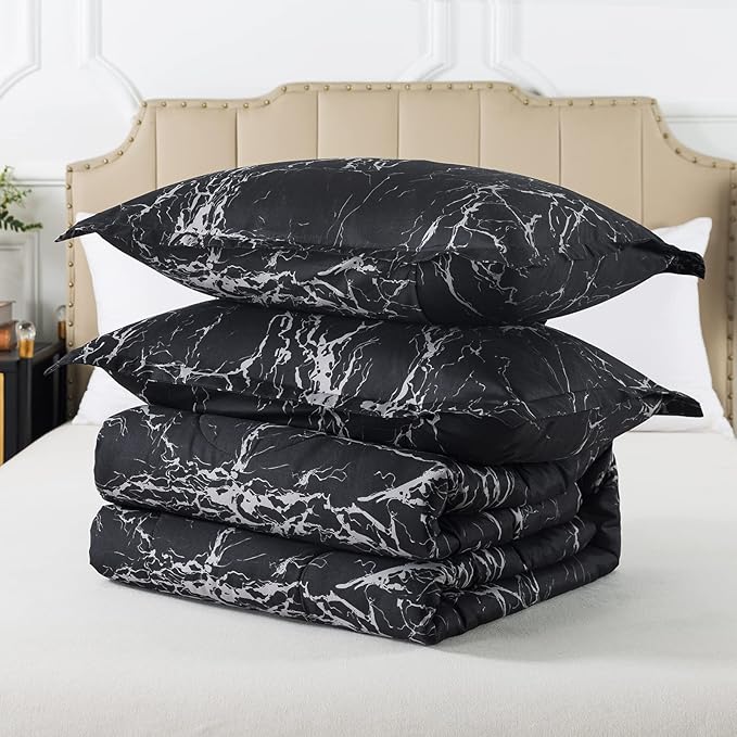 Caressma Black Marble Comforter Set King, 3 Pieces Modern Pattern Soft Microfiber Bedding Comforter Set, Down Alternative Comforters for All Season (104 * 90")