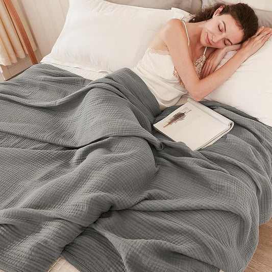 EMME Cotton Blanket Queen Size for Bed Soft Large Muslin Bed Blankets 90"*90" Lightweight Breathable Grey Blanket All Season Gauze Blanket, Grey