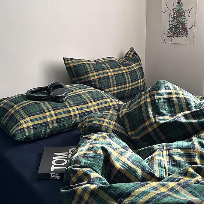 MKXI Twin XL Size Forest Green & Mustard Yellow Plaid Duvet Cover Set, 3 Piece All Season Washed Cotton Bedding, Vintage Preppy Style Rustic Outdoor Bed Set with Zipper Closure & Corner Ties