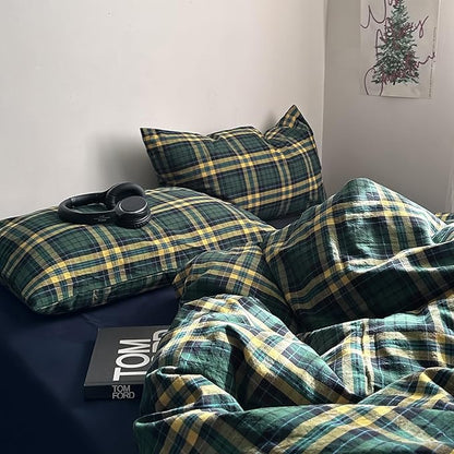 MKXI Twin XL Size Forest Green & Mustard Yellow Plaid Duvet Cover Set, 3 Piece All Season Washed Cotton Bedding, Vintage Preppy Style Rustic Outdoor Bed Set with Zipper Closure & Corner Ties